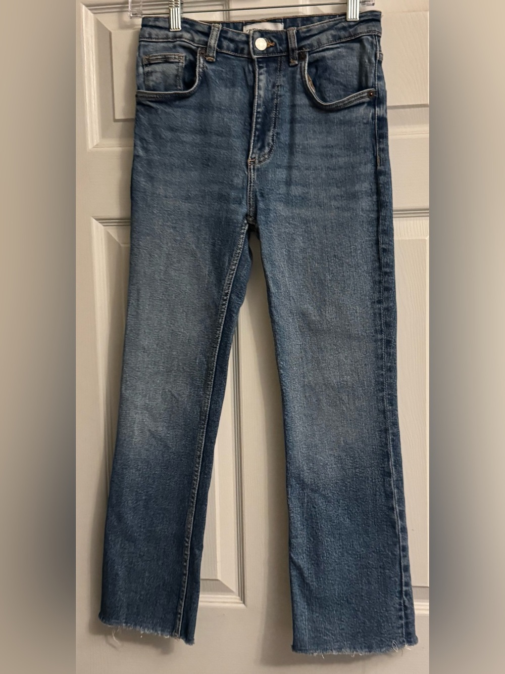 Zara Straight-Leg Raw Hem Medium Blue Jeans